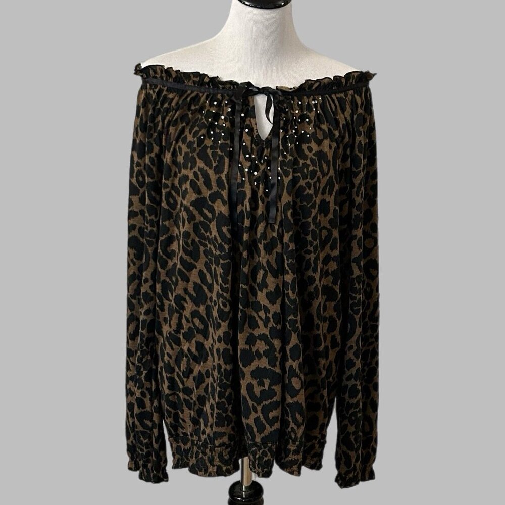 2/$30 Woman Top Shirt Size 22/24 Animal Print Brown Black Long Sleeve